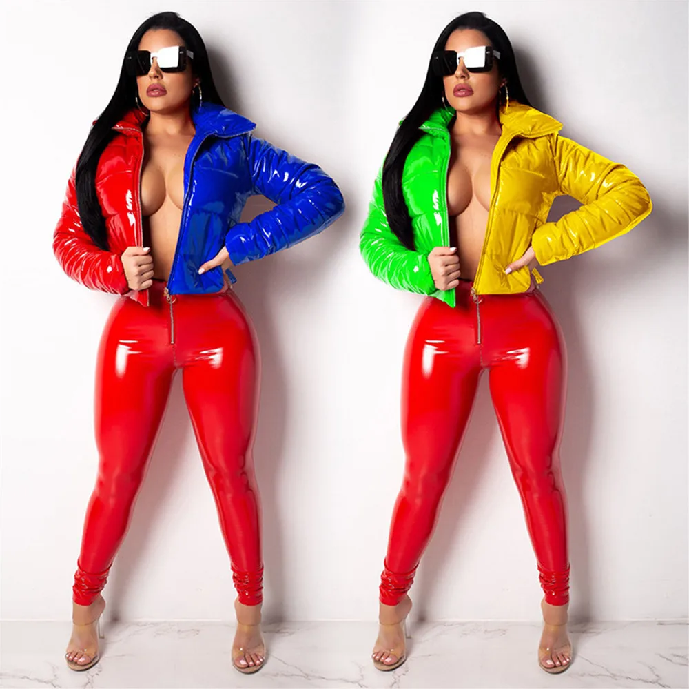 

Contrast Color Fashion PU Women's Winter Down Jacket Turn Down Collar Plus Size